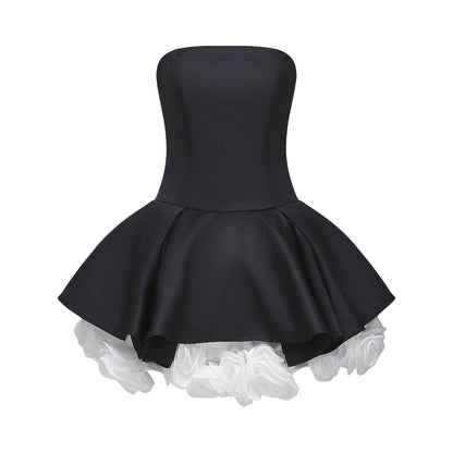 Lucie siyah petal katmanlı straplez korse mini elbise