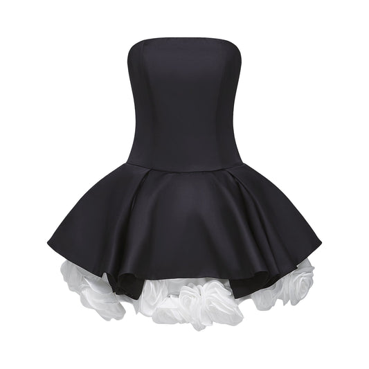 Lucie siyah petal katmanlı straplez korse mini elbise