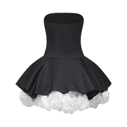 Lucie siyah petal katmanlı straplez korse mini elbise