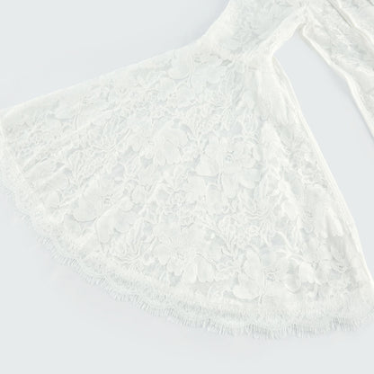 Elodiea White Floral Lace Flared Sleeves Midi Dress