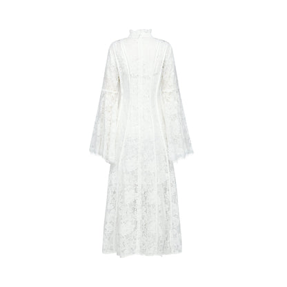 Elodiea White Floral Lace Flared Sleeves Midi Dress