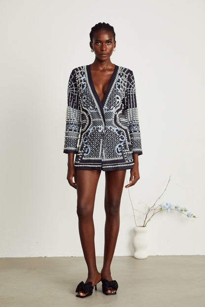 Catherine desenli V yaka blazer elbise