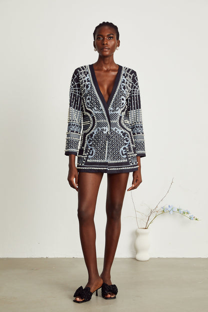 Catherine desenli V yaka blazer elbise