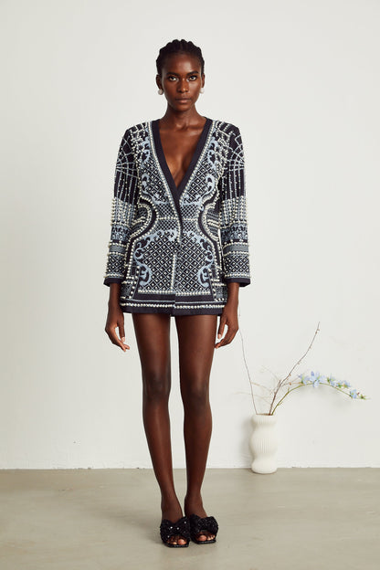Catherine desenli V yaka blazer elbise