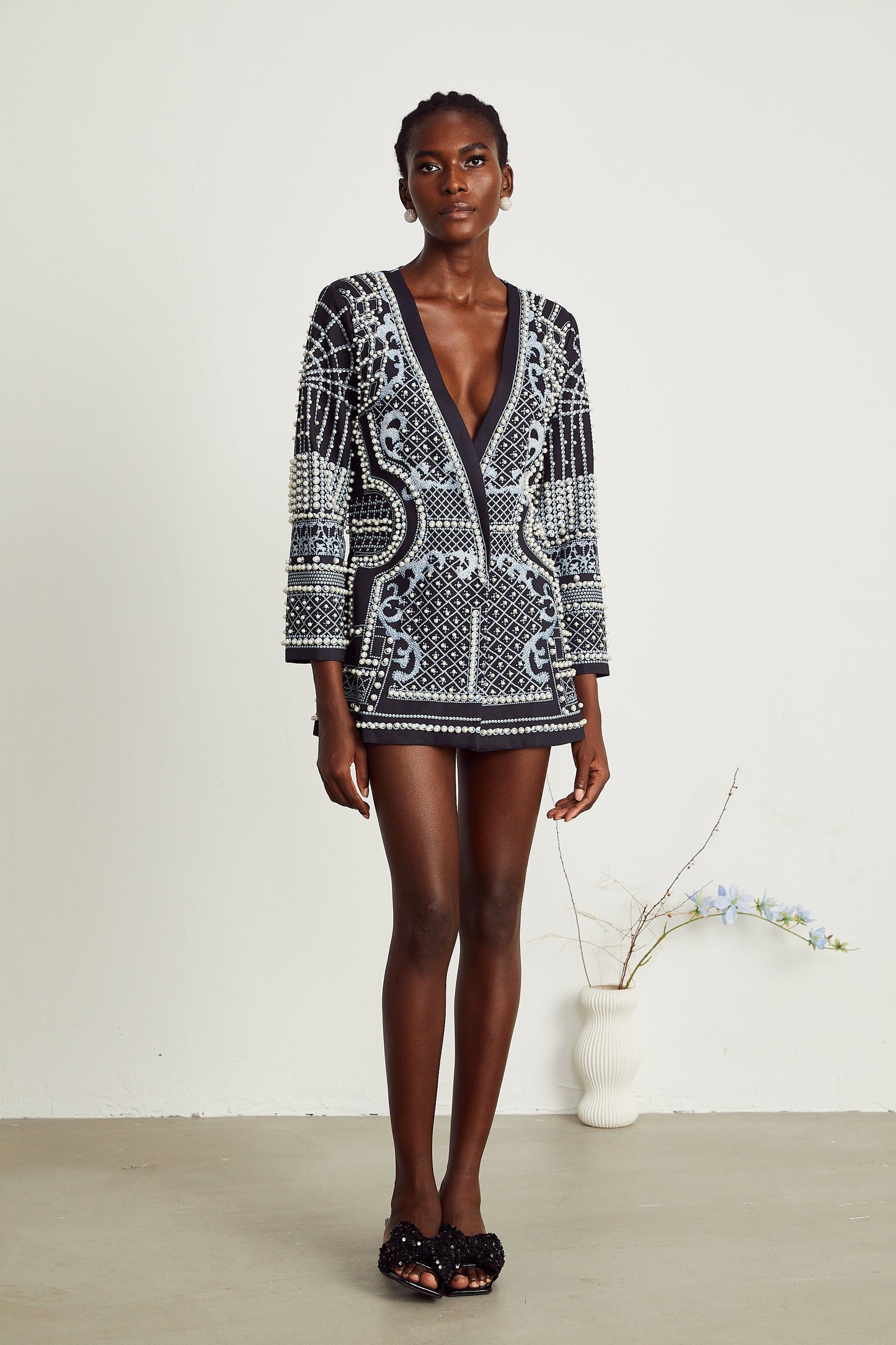 Catherine desenli V yaka blazer elbise