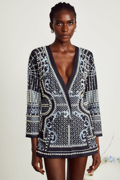 Catherine desenli V yaka blazer elbise