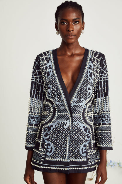 Catherine desenli V yaka blazer elbise