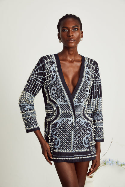 Catherine desenli V yaka blazer elbise