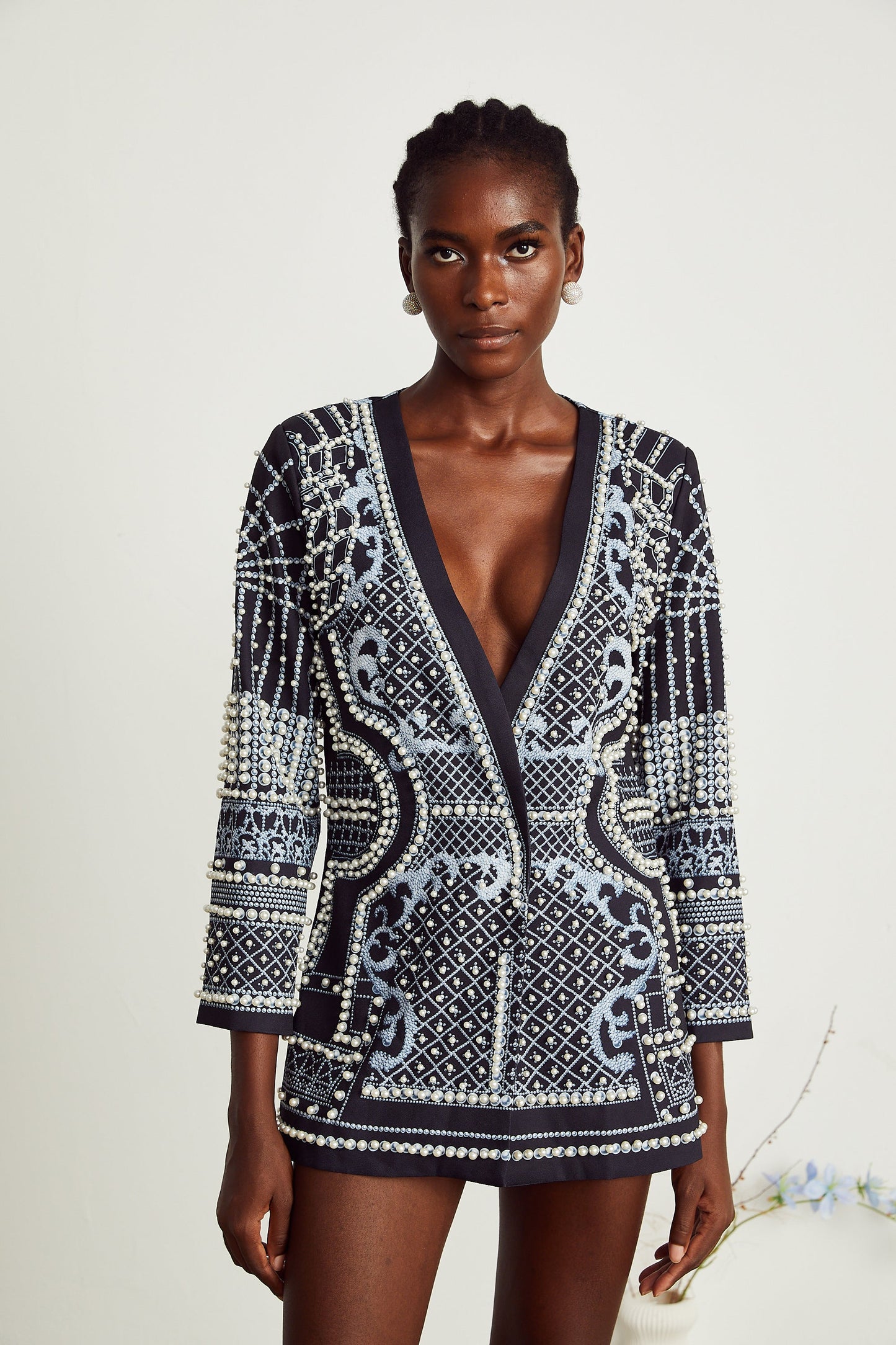 Catherine desenli V yaka blazer elbise