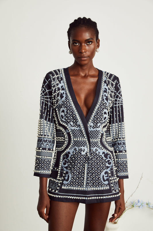 Catherine desenli V yaka blazer elbise
