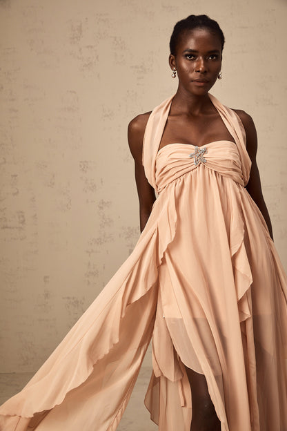 Mariah Pink Chiffon Ruffle Halterneck Maxi Dress