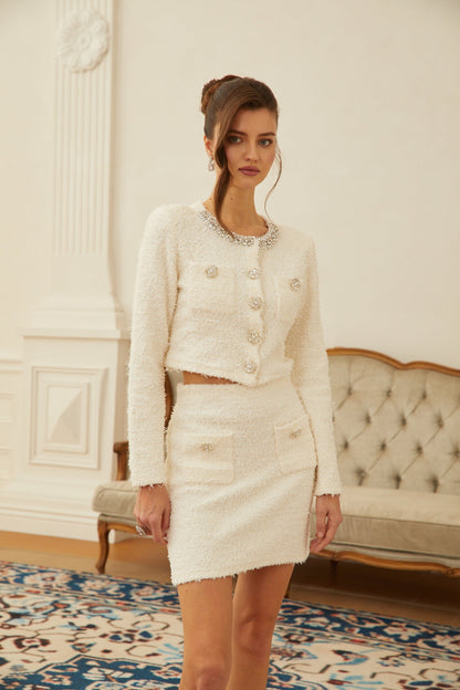 Cornelia White Embellished Tweed Jacket & Skirt Set
