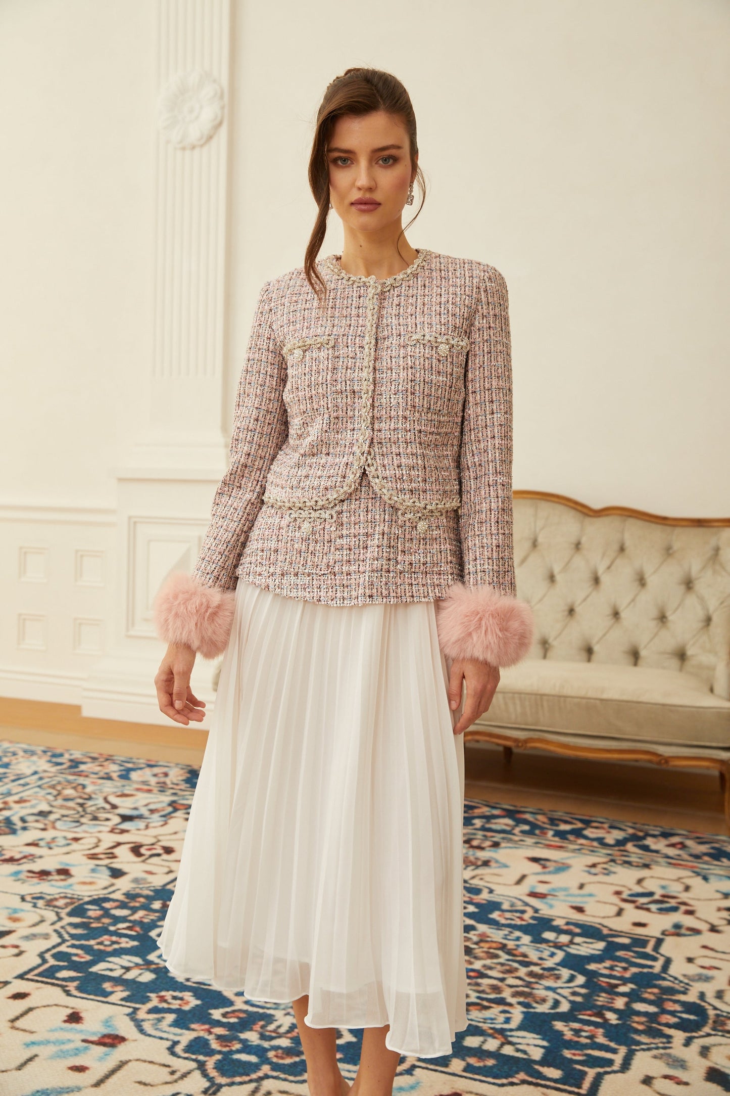 Lola Pink Embellished Checked Tweed Jacket