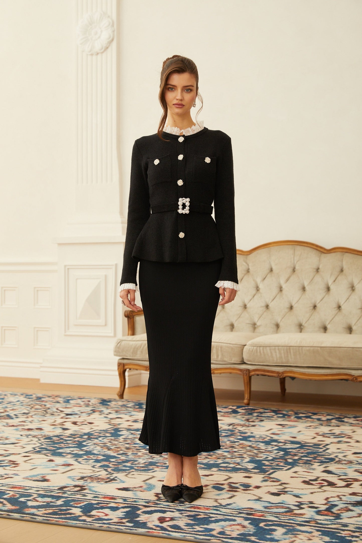 Ellinor Black Embellished Knit Top & Skirt Set