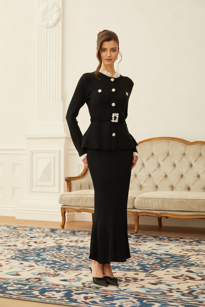 Ellinor Black Embellished Knit Top & Skirt Set