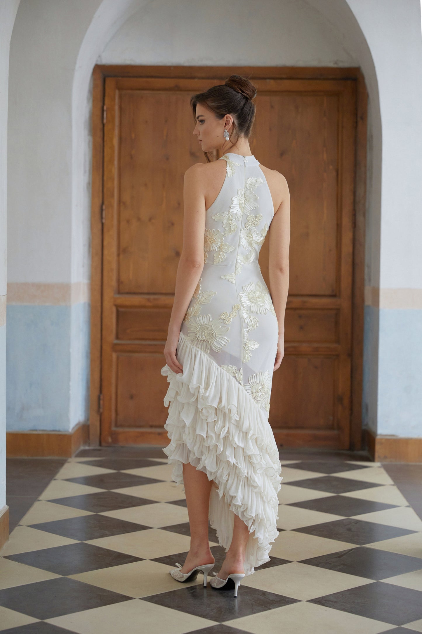 Théoline Neutral Asymmetrical Ruffled Floral Midi Dress