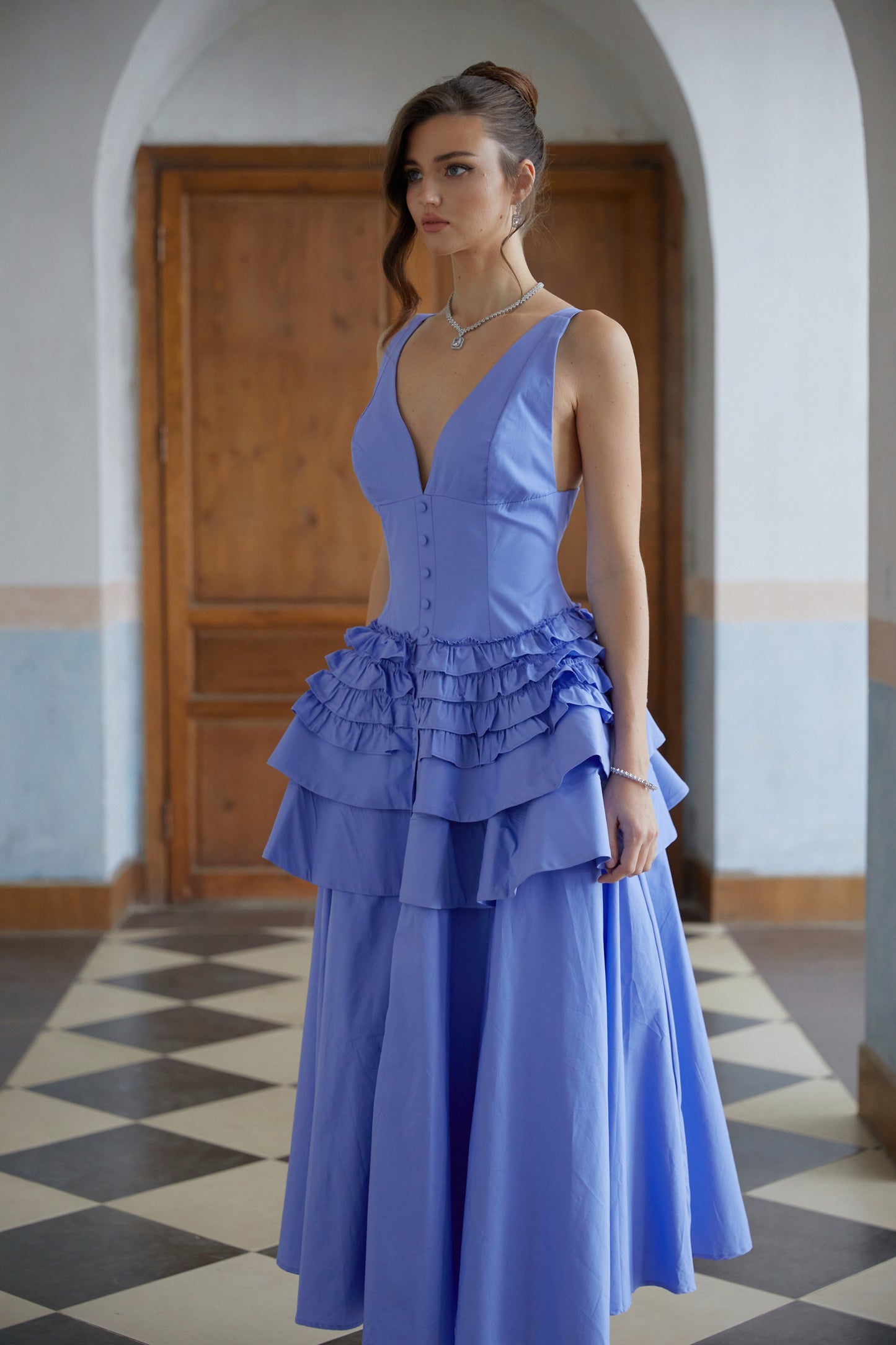 Embla Blue Ruffled Tiered Midi Dress