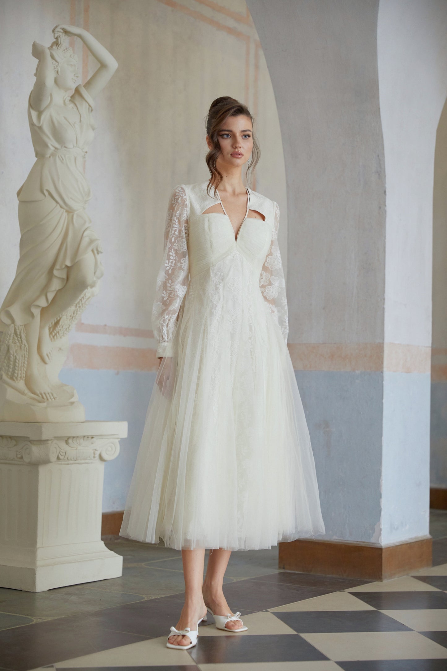 Eirlys White Floral Lace Tulle Midi Dress