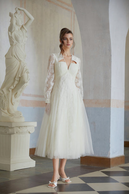 Eirlys White Floral Lace Tulle Midi Dress