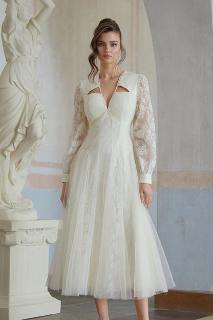 Eirlys White Floral Lace Tulle Midi Dress