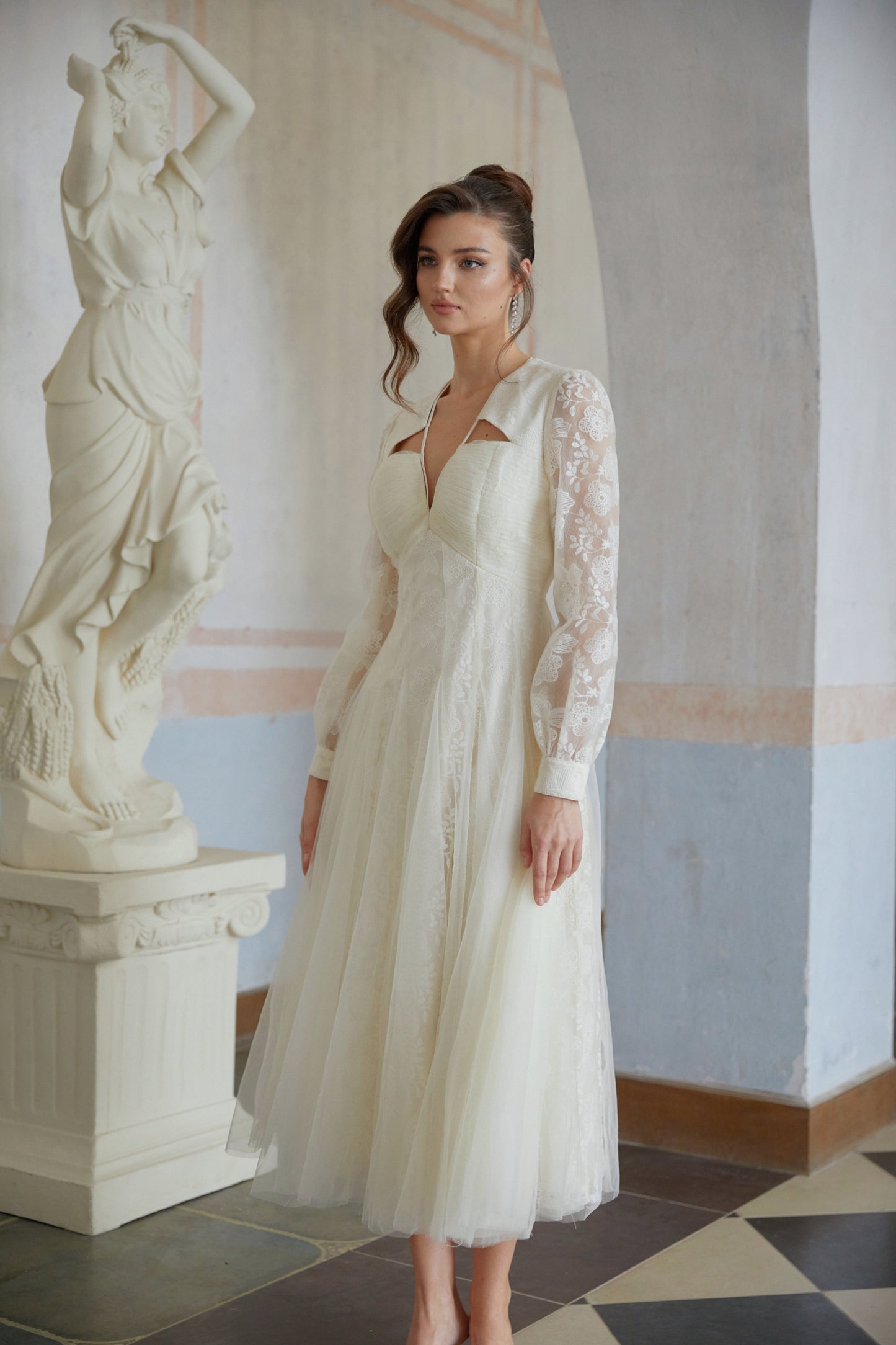 Eirlys White Floral Lace Tulle Midi Dress