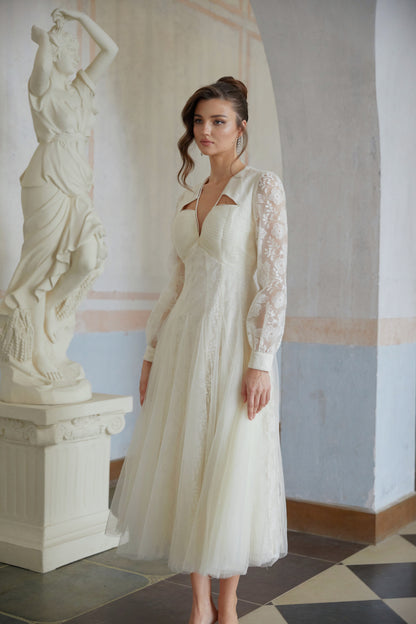 Eirlys White Floral Lace Tulle Midi Dress