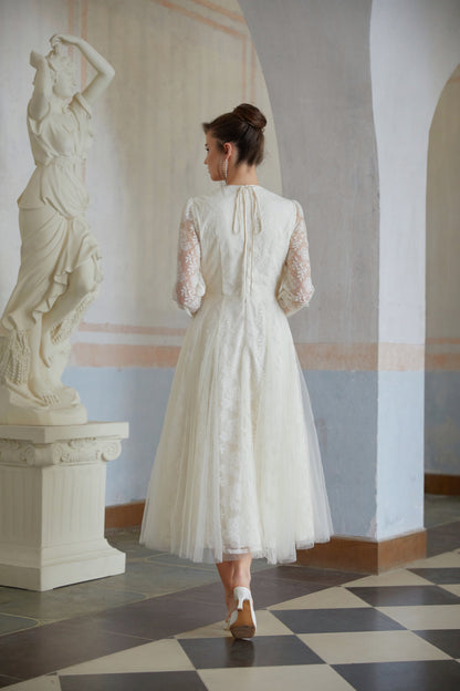 Eirlys White Floral Lace Tulle Midi Dress