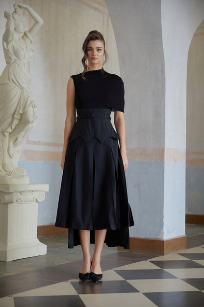 Éabha Black Asymmetrical Shawl Layered Midi Dress