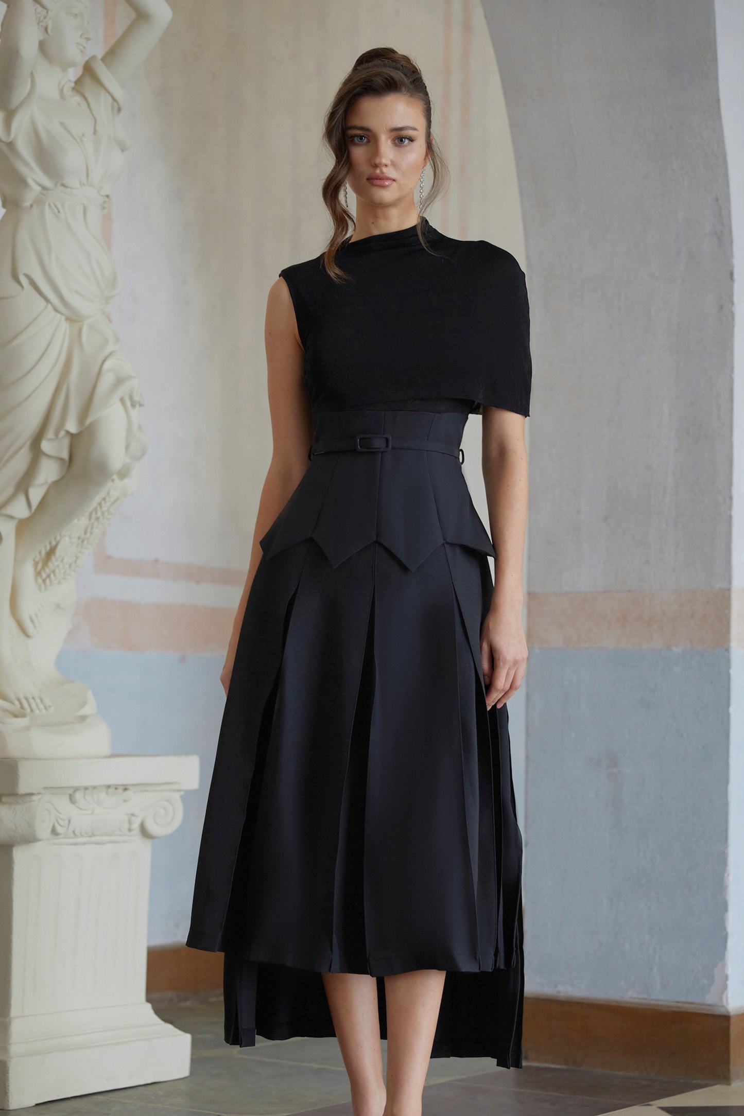 Éabha Black Asymmetrical Shawl Layered Midi Dress