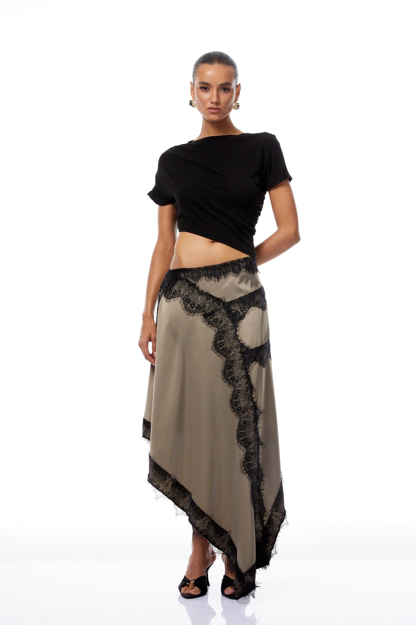 Fiamma Black Gathered Lace Panel Maxi Dress