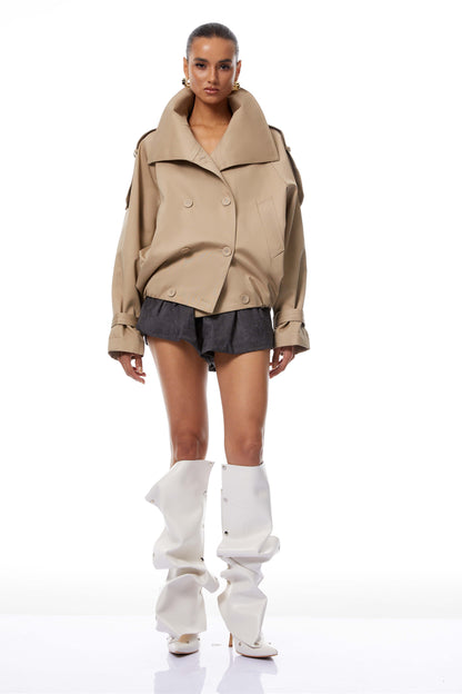 Eugenia Khaki Double-Breasted Short Trench Coat