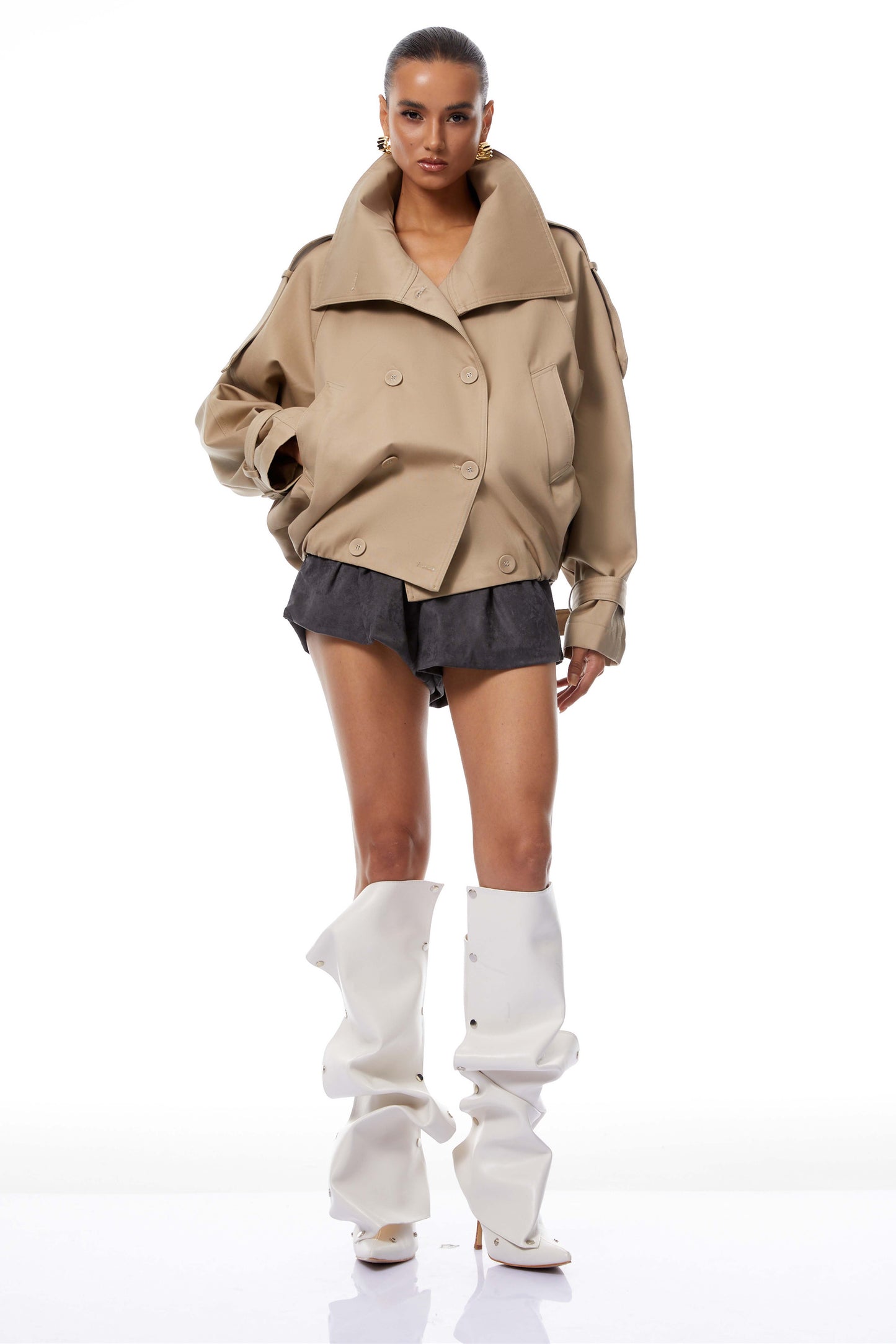 Eugenia Khaki Double-Breasted Short Trench Coat