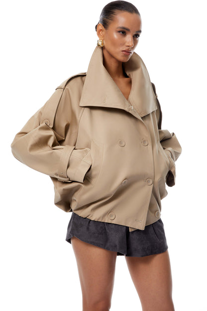 Eugenia Khaki Double-Breasted Short Trench Coat