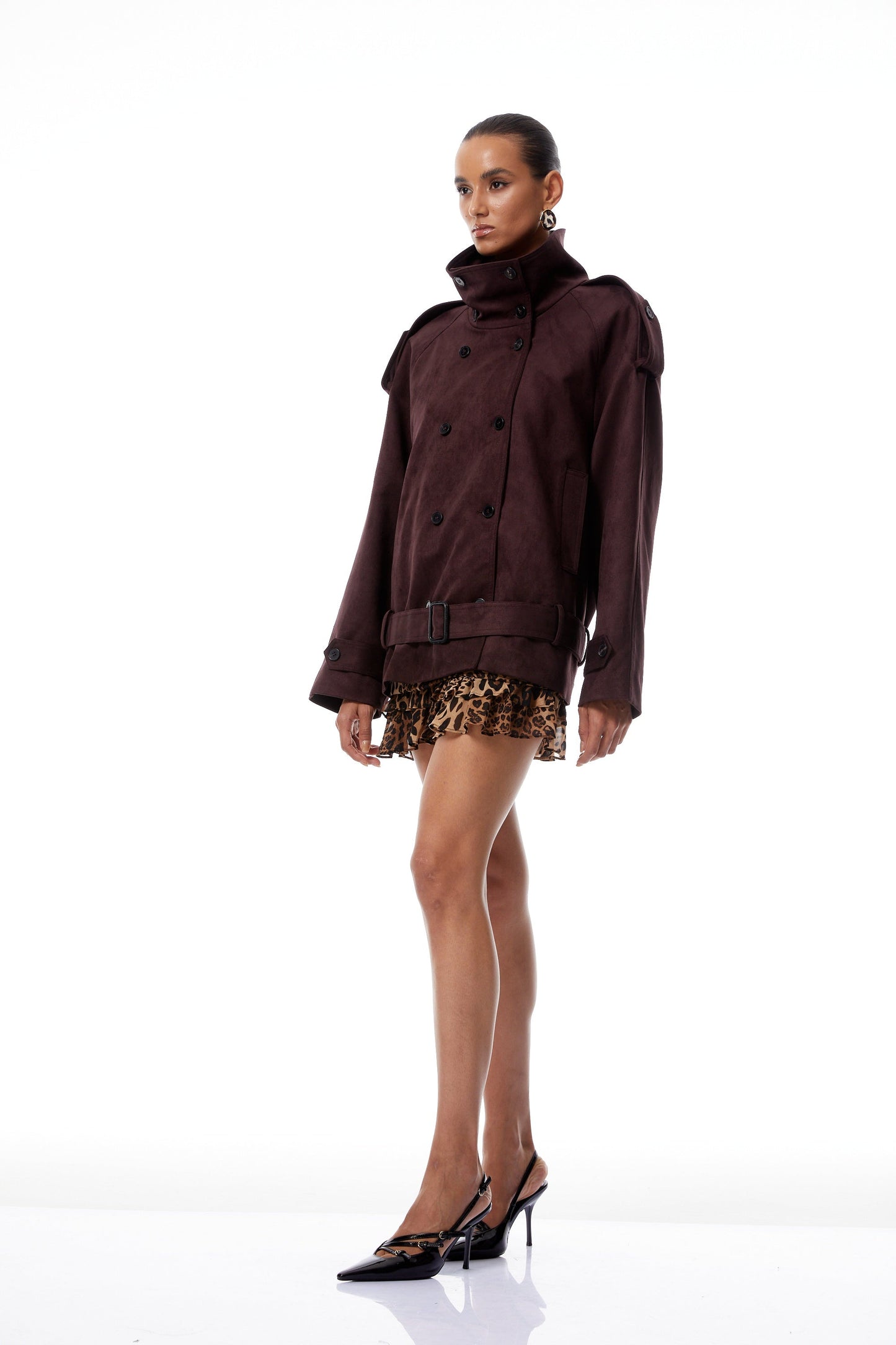 Flavia Burgundy Belted Suede Trench Coat