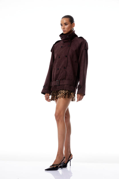 Flavia Burgundy Belted Suede Trench Coat