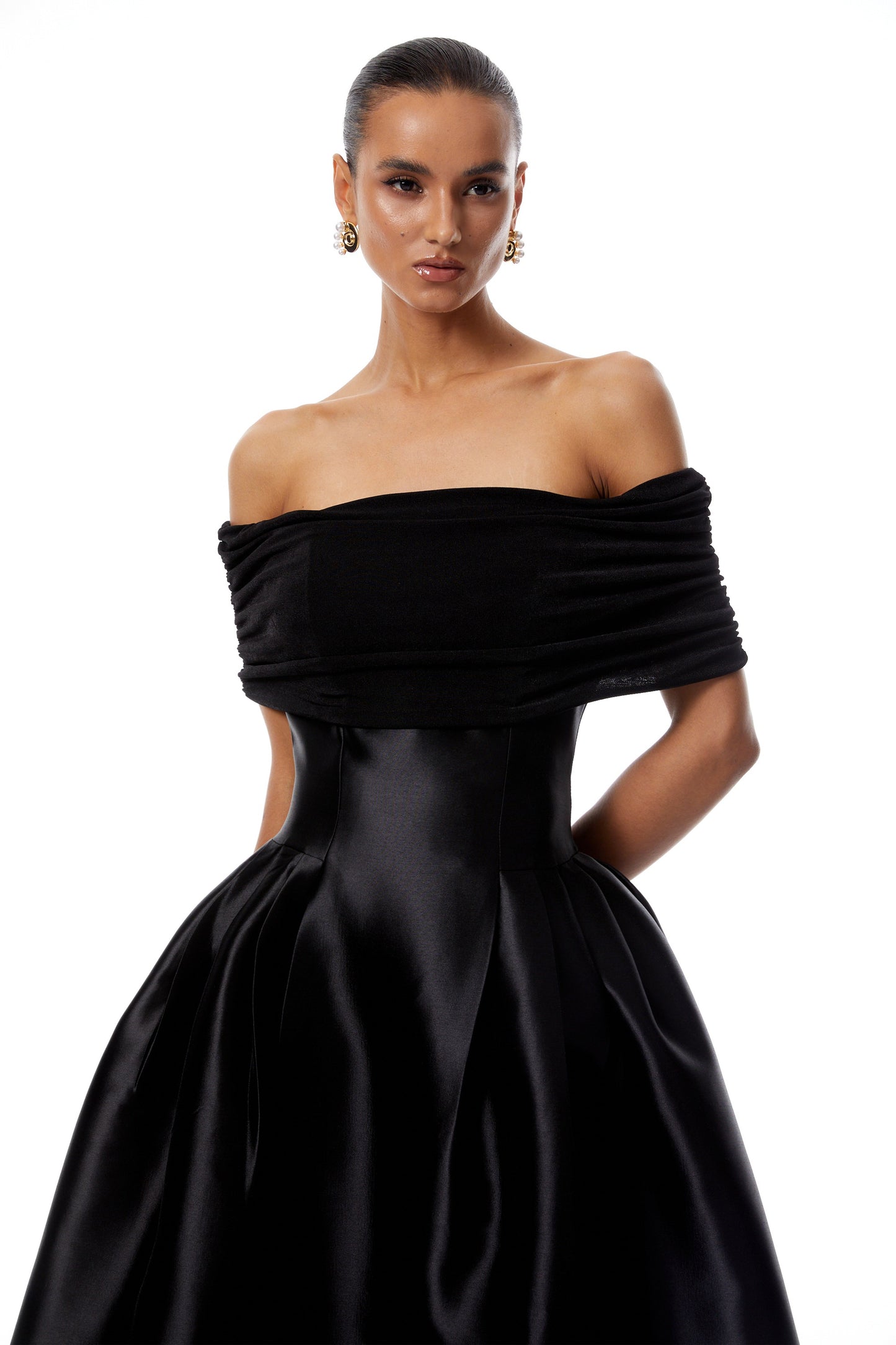 Ainara Black Off Shoulder Polished Midi Dress