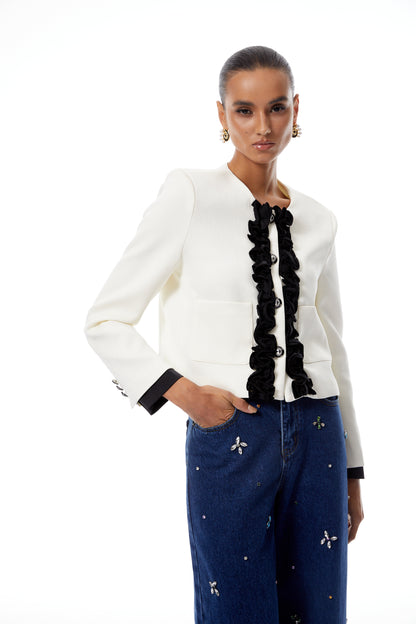 Vivienne White Ruffled Trim Short Jacket
