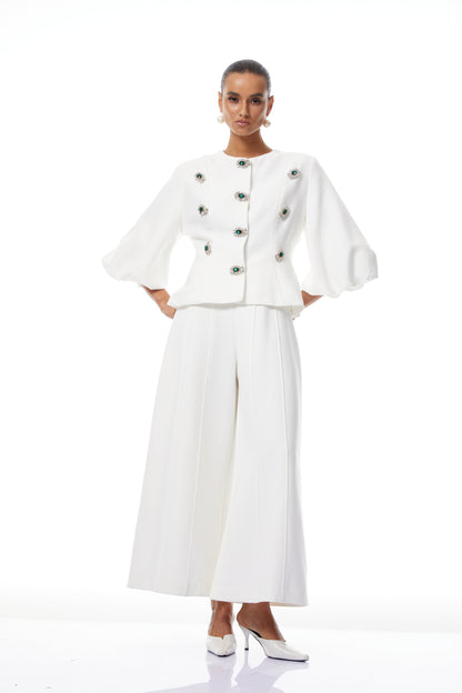 Bérénice Beyaz Kristal İşlemeli Peplum Ceket