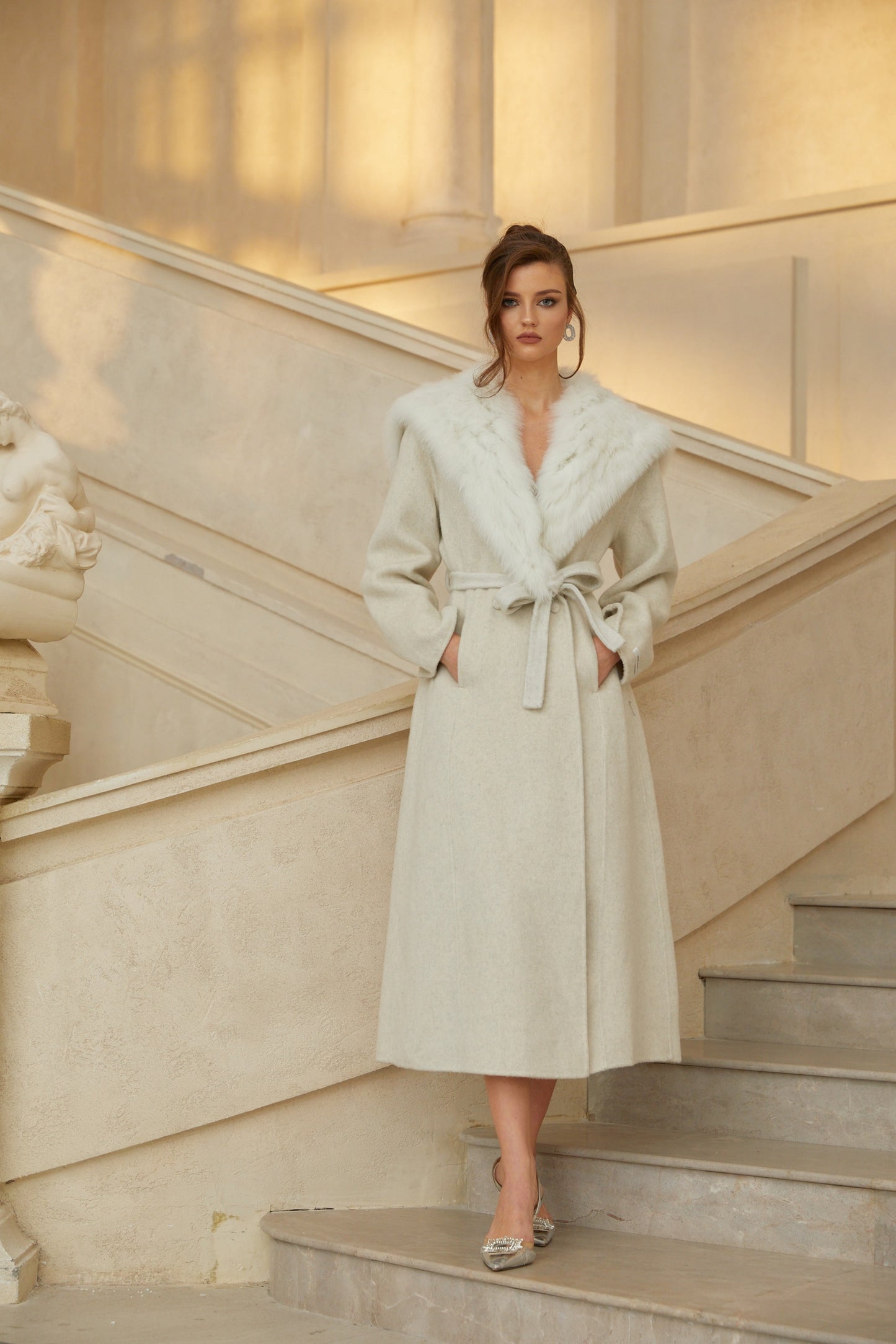 Lavinia Off White Fur Lapel Long Wool Coat