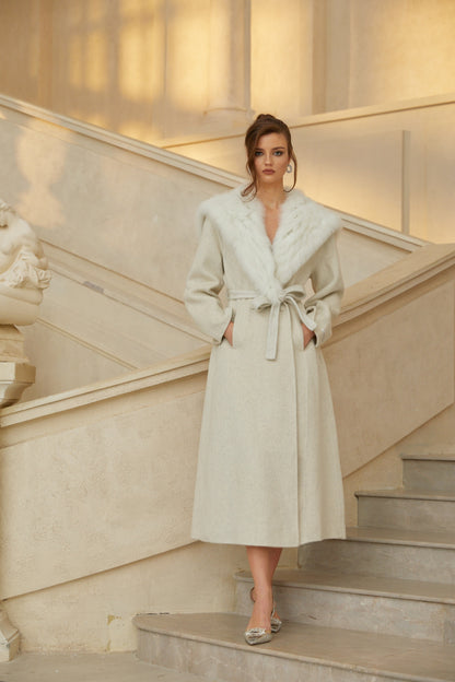 Lavinia Off White Fur Lapel Long Wool Coat