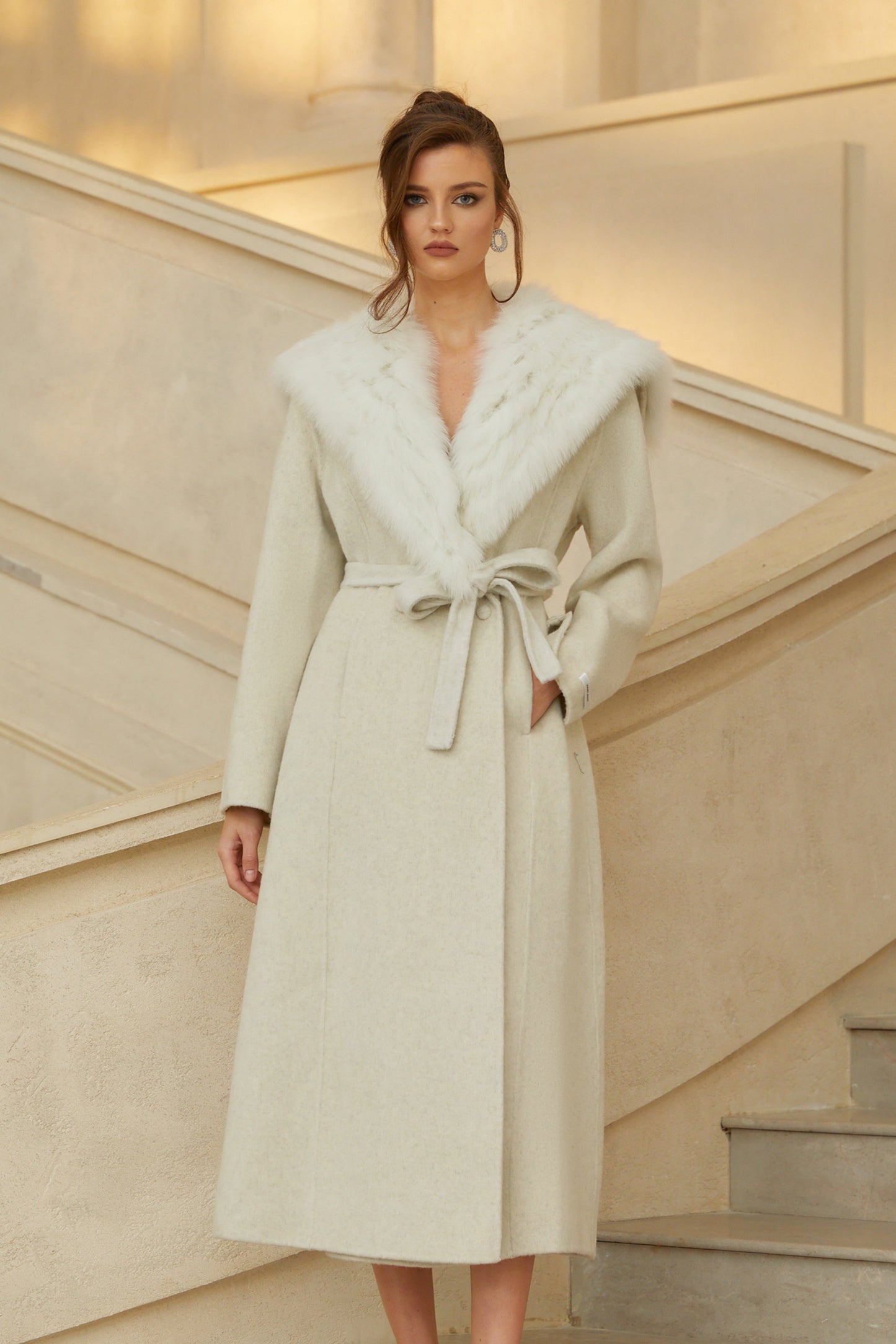 Lavinia Off White Fur Lapel Long Wool Coat
