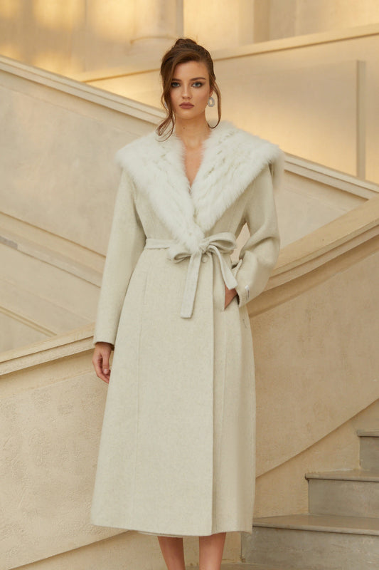 Lavinia Off White Fur Lapel Long Wool Coat