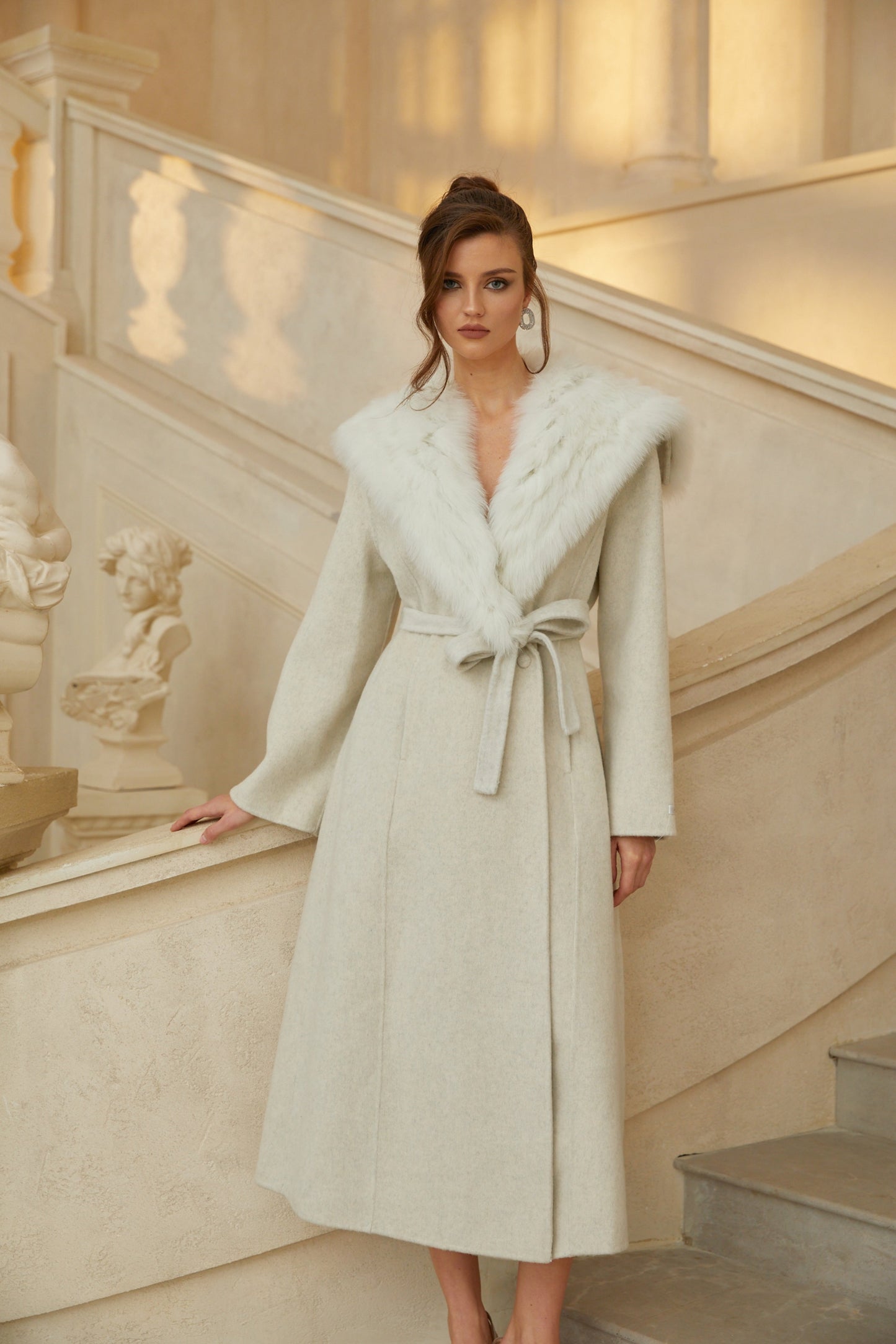 Lavinia Off White Fur Lapel Long Wool Coat