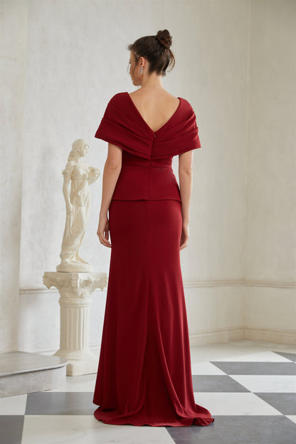Lauren Red Ruched Shawl Detail Maxi Dress