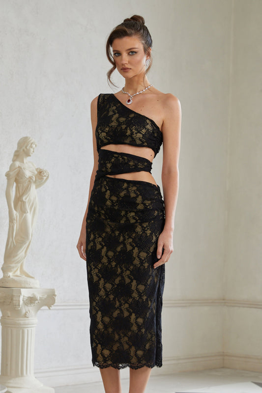 Bianca Black Cut Out Floral Lace Midi Dress