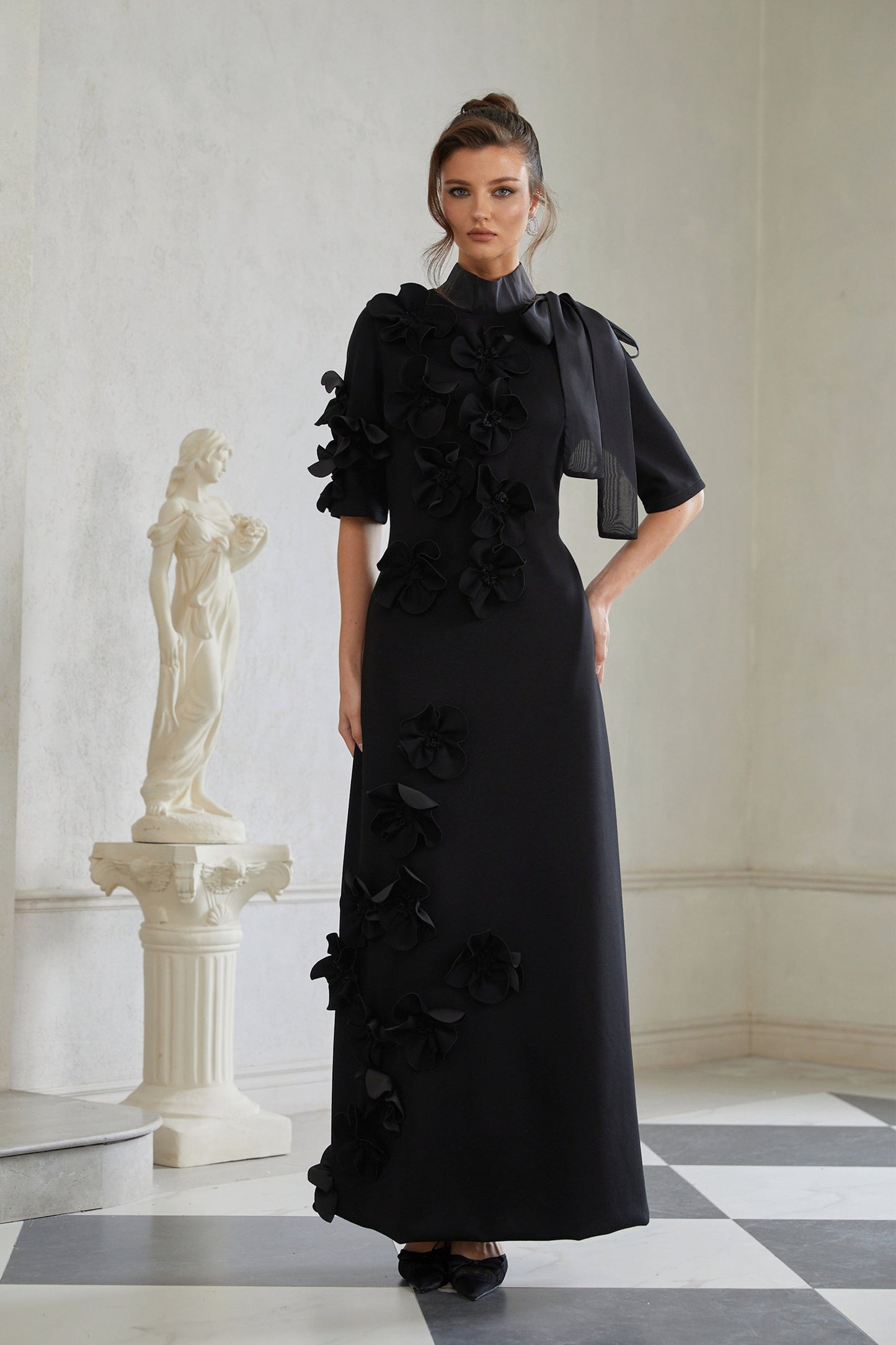 Isidora Black Bowknot Floral Appliqué Maxi Dress