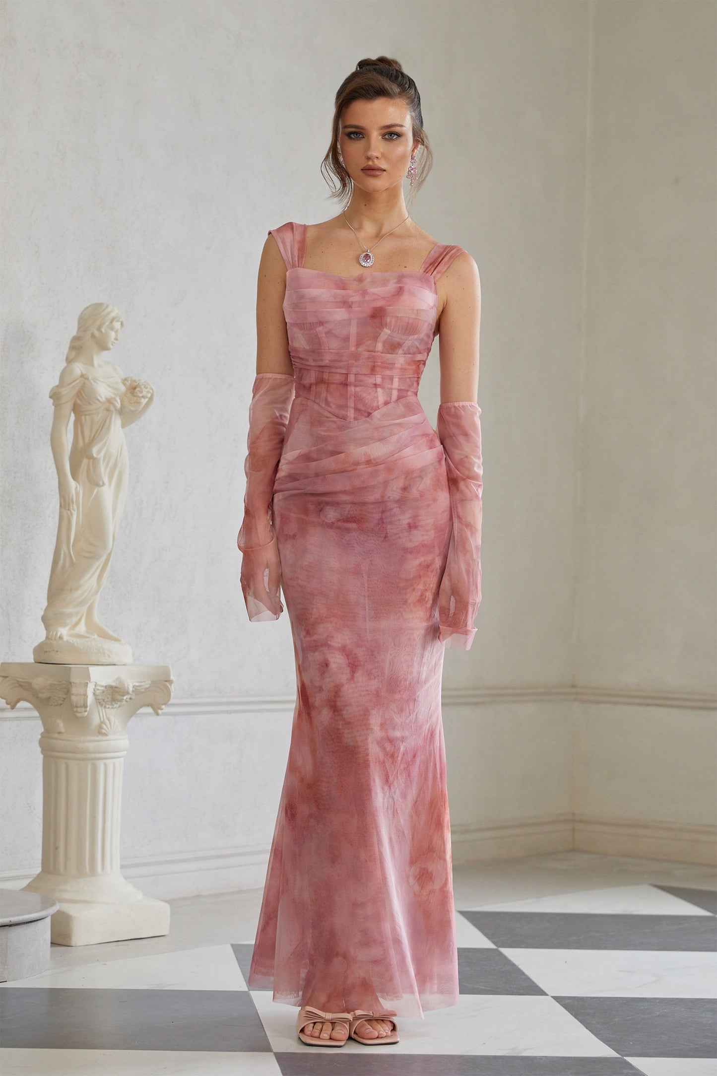 Amélie Pembe Ombré Dantelli Tül Uzun Elbise (Eldivensiz)