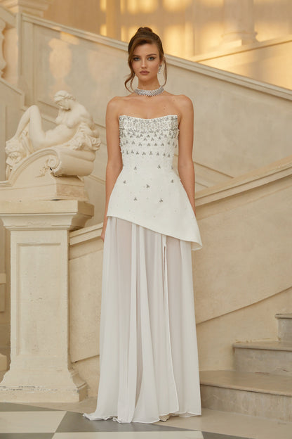 Melisande Beyaz İşlemeli Elbise & Etek Takım