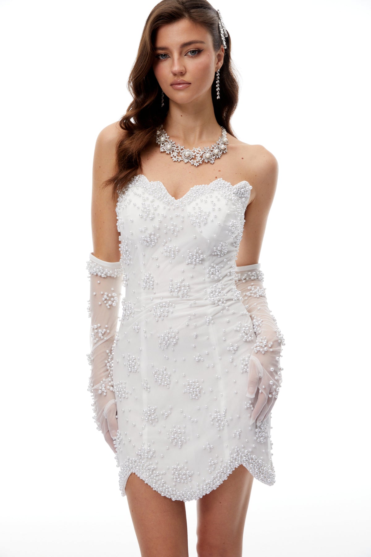 Xanthe Beyaz Straplez İncili Mini Elbise
