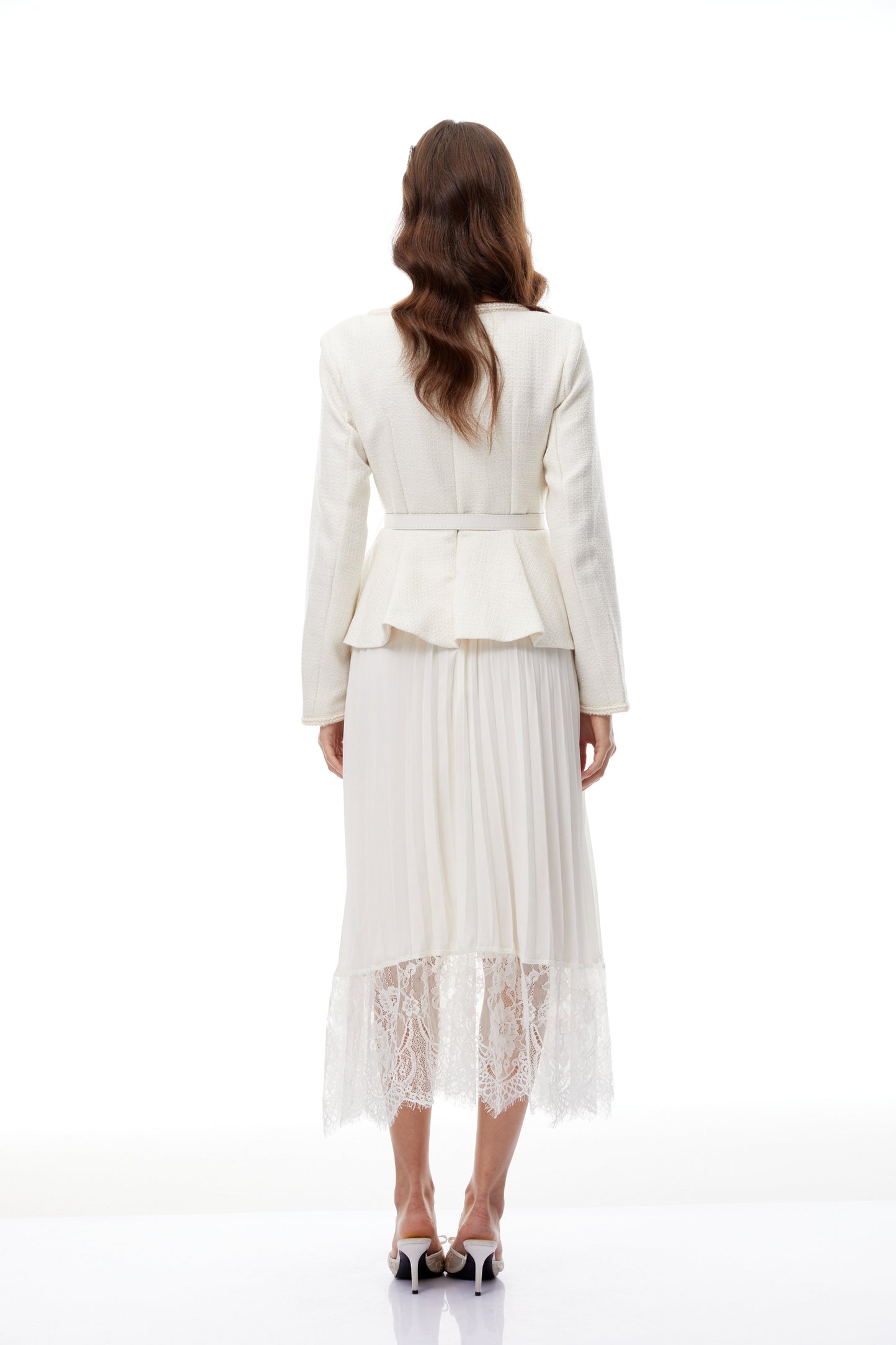 Iver White Lace Panel Tweed Midi Dress